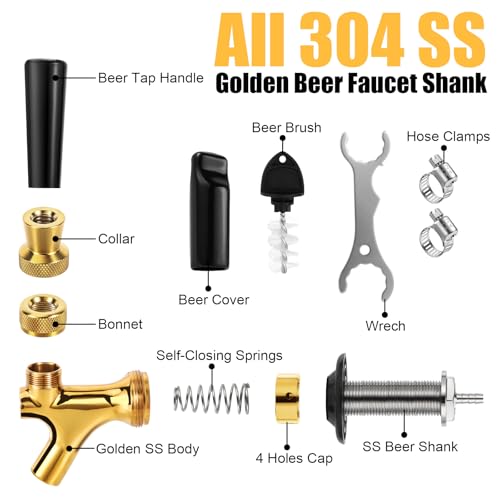 Draft Beer Shank Faucet Kit, 3Ft Beer Faucet Shank Self-Closing Golden Beer Tap Faucet, Kegerator Parts Wrench Barb Connector Tap Brush for Homebrew