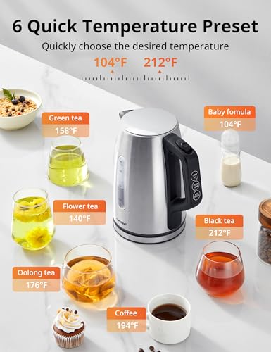 COMFEE' Stainless Steel Electric Kettle, Temperature Control with 6 Presets, 1-Hr Keep Warm, Kettle Water Boiler 1.7 Litres, 1500W with Viewing Window, Auto-Off and Boil-Dry Protection - color: Silver Digital, size: 1.8 Quarts
