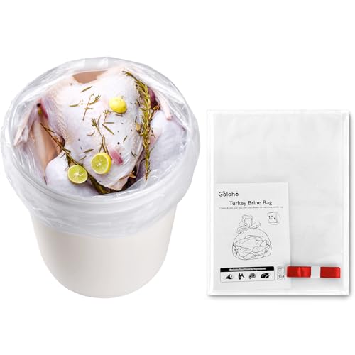 10 Pack Turkey Brine Bag, 5 Gallon Brine Bucket Liner Bag with Chefs Ribbon for Marinating and Brining, 19.6'' x 27.5'' Leak Proof Extra Heavy Duty Brining Bags for Turkey, BUCKET NOT INCLUDED