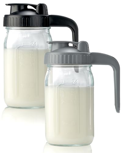 2 Pack 32oz Glass Pitcher with Lid & V-shaped Pour Spout - 1 Quart Breastmilk Pitcher Double Leak Proof, Creamer Container for Sun Tea, Juice, Cold Brew Coffee, Breastmilk Storage Container - color: Gray+Black, size: 32 Ounces