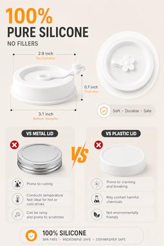 Silicone Mason Jar Lids with Straw Hole for Regular & Wide Mouth Jars | Regular and Wide Mouth Compatible, With Straw Hole, With Stopper - color: white color 4pcs