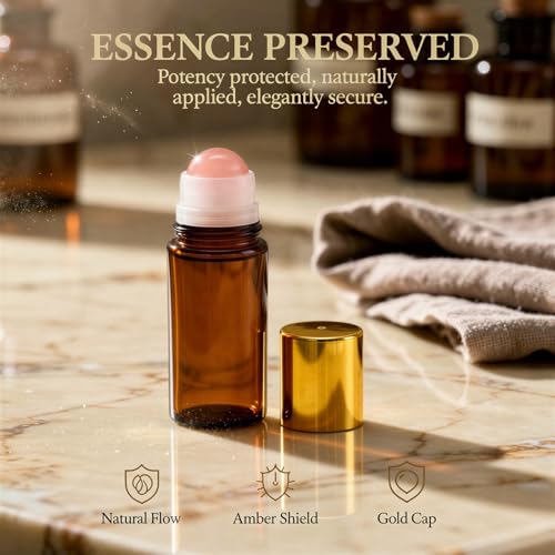 Joyibay 4 Pcs 1.7 oz Amber Glass Roller Bottles, Essential Oil Roll-on Bottle with Natural Stone Ball, Portable Container for Perfume, Aromatherapy, DIY Blends