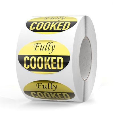 600 PCS Fully Cooked Stickers Roll 1.25x2 Inch Grocery Store Food Gold Labels Waterproof Self Adhesive Removable Label for Business Supermarket