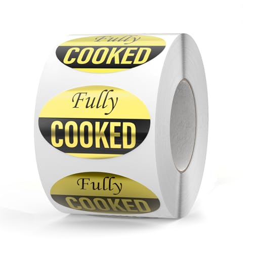 600 PCS Fully Cooked Stickers Roll 1.25x2 Inch Grocery Store Food Gold Labels Waterproof Self Adhesive Removable Label for Business Supermarket