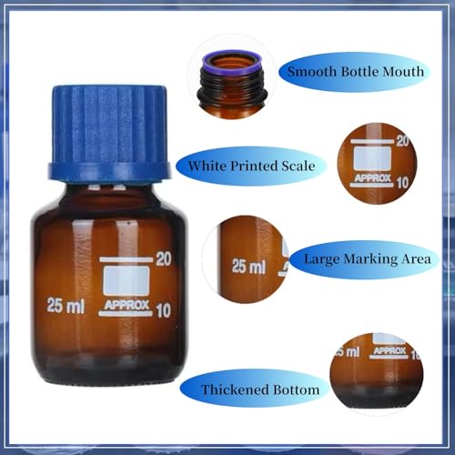 25ml Amber Reagent Media Bottle, Graduated Glass Round Media Storage Bottle with blue GL25 Screw Cap, Wide Mouth Lab Reagent Bottle,Pack of 1 - size: 0.8 Ounces