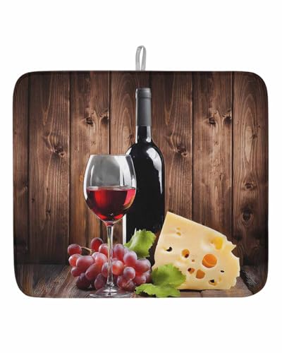 Wine Cheese Dish Drying Mat, Grapes Farmhouse Brown Wooden Plank Absorbent Dish Drying Matt Pad for Kitchen Countertops, Sinks, Dish Drainer Racks, Small 16x18in 1PC - size: 16" x 18"