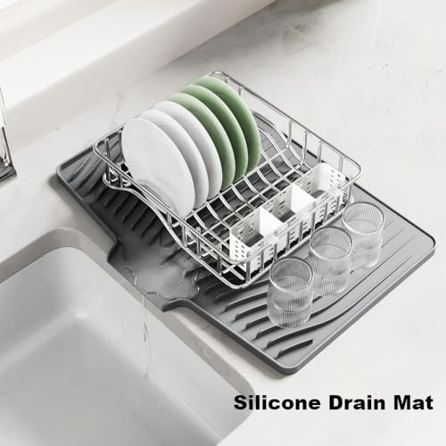 Silicone Dish Drying Mat with Raised Drainage Edges,Non-Slip and Heat-Resistant,Includes Hanging Hole,Kitchen Countertop Drying Mat,Easy to Clean(18.9" x 13.58", Grey)