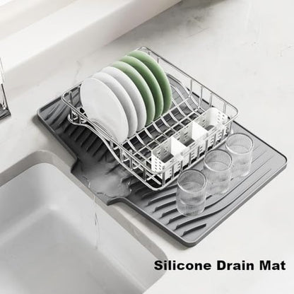 Silicone Dish Drying Mat with Raised Drainage Edges,Non-Slip and Heat-Resistant,Includes Hanging Hole,Kitchen Countertop Drying Mat,Easy to Clean(18.9" x 13.58", Grey)