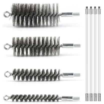 50 in Pipe Cleaning Brush Set with Stainless Steel Bristles, Wire Brush with 4 Flexible Rods, Stainless Steel Pipe Brush 4pcs for Auto Parts, Bottles, Tubes. (3/5, 1, 1 3/5, 2 in Brush Heads)