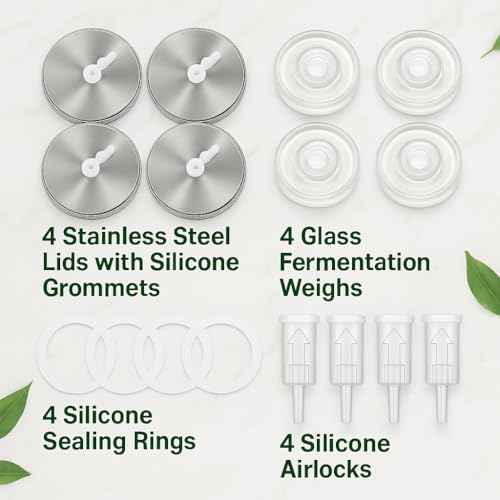 Fermentation Kit for Wide-Mouth Fermenting Jars: Includes 4 Silicone Airlocks, 4 Sealing Rings, 4 Glass Weights, 4 Grommets, 4 Stainless Steel Lids - Ideal Fermenting Kit for Cooks & Healthy Eating