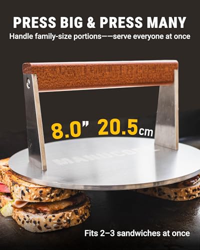 Smash Burger Press 8 Inch, 3.1 Lb Burger Smasher, Heatable for Searing Panini, Steak, Chicken, Salmon, Stainless Steel Bacon Press, Flat Bottom, Seasoning Free, Wooden Handle No Spin - size: 8"