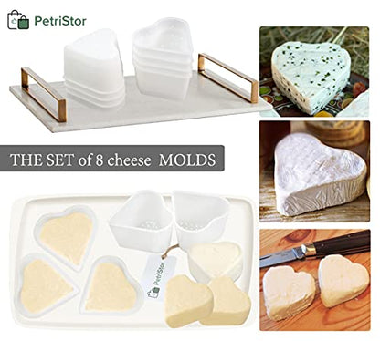 PetriStor 8 pcs Small Cheese Mold Heart 1/3QT - Feta Soft Cheese Mold for Cheese Making - Homemade Cheese Making Supplies - Cream Cheese Form Mold - Molde Para Queso Fresco Casero