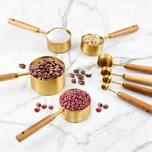 Gold Measuring Cups and Spoons Set,8 Piece Premium Stainless Steel Measuring Cups with Wood Handles,4 Stackable Wooden Measuring Cups and 4 Measuring Spoons Set for Baking Supplies in the Kitchen - color: Gold-8Piece