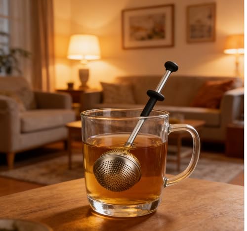 Stainless Steel Tea Strainer for Loose Tea with Silicone Good Grip Long Handle, Fine Mesh Tea Infuser Ball Dusting Wand for Flour n Sugar