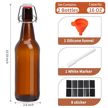 16oz 2 Pack Amber Glass Beer Bottles with Airtight Rubber Seal Flip Caps,Swing Top Glass Bottles for Home Brewing, Kombucha, Beverages, Oil, Vinegar, Vanilla Extract,Water, Soda, Kefir - size: 500ml