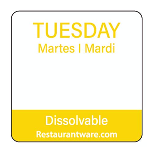 Restaurantware-RW Smart 1 Inch x 1 Inch Food Rotation Labels, 500 Dissolvable Food Safety Labels - Premium Trilingual, Yellow Paper Day Of The Week Labels, For Food Storage Or Prep, Tuesday - style: Tuesday