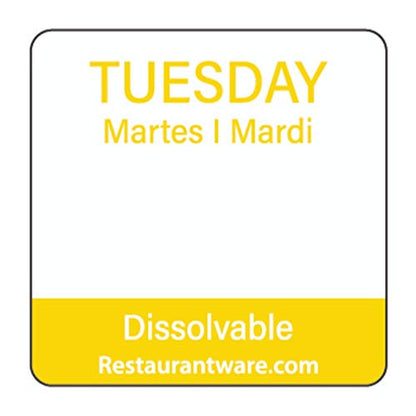 Restaurantware-RW Smart 1 Inch x 1 Inch Food Rotation Labels, 500 Dissolvable Food Safety Labels - Premium Trilingual, Yellow Paper Day Of The Week Labels, For Food Storage Or Prep, Tuesday - style: Tuesday