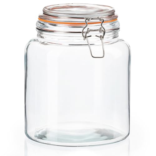 kitchentoolz Half Gallon Glass Large Mason Jars with Airtight Lid - 64oz Wide Mouth Flour & Sugar Container. Also for Sourdough, Pasta, Pickles, Cookies- Flip Top Hinged Closure - 2 Pack