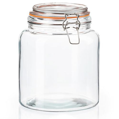 kitchentoolz Half Gallon Glass Large Mason Jars with Airtight Lid - 64oz Wide Mouth Flour & Sugar Container. Also for Sourdough, Pasta, Pickles, Cookies- Flip Top Hinged Closure - 2 Pack