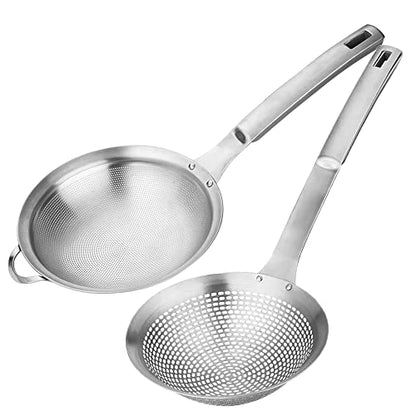 Fine Mesh Stainless Steel Metal With HoleSieve Food Strainer Grease Spider Skimmer And With Handle Large Holes Slotted Colander Frying Spoon Set,Handheld For Kitchen Cooking And Filter Food Residues