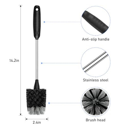 SetSail Bottle Brush of 3 Pack, 14-in Long Stainless Steel Handle Water Bottle Cleaner Brush Non-Slip Grip Bottle Brushes for Cleaning Water Bottles Sport Bottles Coffee Mugs Glasswares Cups, Black