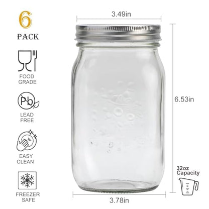 Flrolove Wide Mouth Mason Jars 32 oz, Canning Jars Wide Mouth 6 Pack | Large Mason Jars, Glass Jars with Airtight Lid for Food Storage, Pickling, Preserving, Meal Prep, Jam, Honey, Jelly, Oats