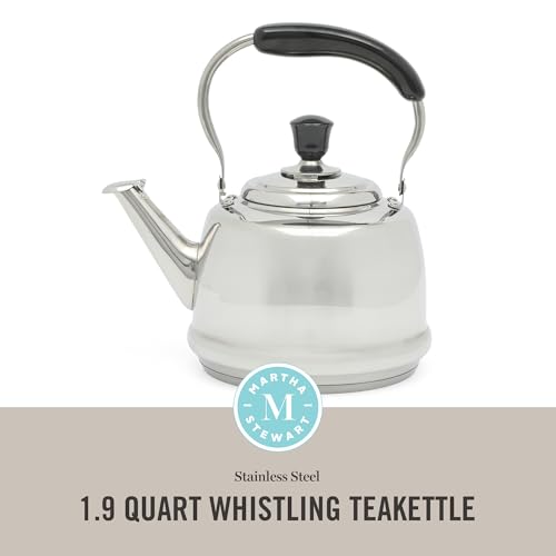 Martha Stewart Kingstree Large 2 Qt Stainless Steel Tea Kettle – Heavy Gauge Durable Whistling Tea Kettle for Stove Top, Easy Pour, Classic Design - color: Stainless Steel, size: 2 Quarts