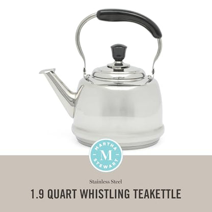 Martha Stewart Kingstree Large 2 Qt Stainless Steel Tea Kettle – Heavy Gauge Durable Whistling Tea Kettle for Stove Top, Easy Pour, Classic Design - color: Stainless Steel, size: 2 Quarts