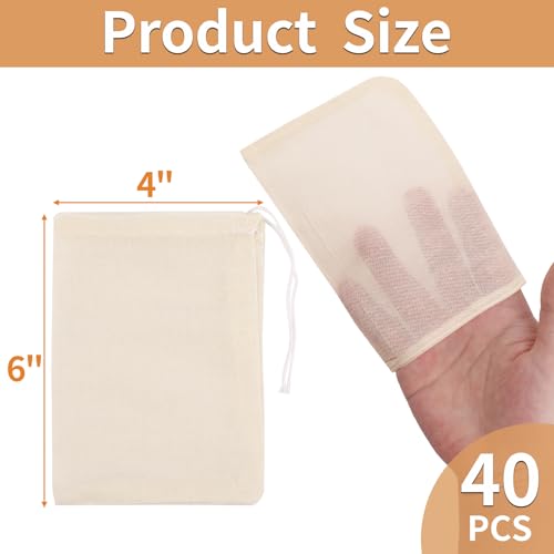40 Pcs Empty Spice Bags for Cooking Soup, Reusable Tea Bags for Loose Tea, 4x6 In Natural Muslin Drawstring, Small Cheese Cloth Cotton for Straining, Unbleached Cheesecloth Herb Sachet - size: 4x6 IN -40 PCS