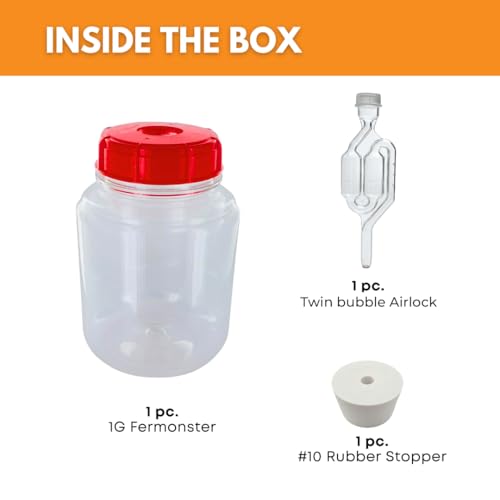 FastRack 1 Gallon (PET) Wide Mouth Fermonster Carboy with Airtight Lid | Includes #10 Drilled Stopper & Twin Bubble Airlock | Clear Plastic Fermenter for Wine, Beer & Mead