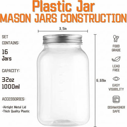 novelinks 32 oz Clear Plastic Jars with Lids and Plastic Mason Jars 32 oz | 16 Pack, Silver, Plastic Quart Containers with Lids, Quart Mason Jars Bulk, Large Jars, Mason Jars for Centerpieces - color: Silver 16Pack