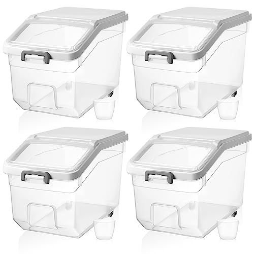 Sunnyray 4 Pcs Rice Storage Container 28 lb Airtight Flour Container with Wheels Measuring Cup Clear Pet Food Cube Dog Birds Cat Food Bin Grain Cereal Organizer Box for Dry Baking Supplies(White Lid) - color: White Lid, size: 28 lb