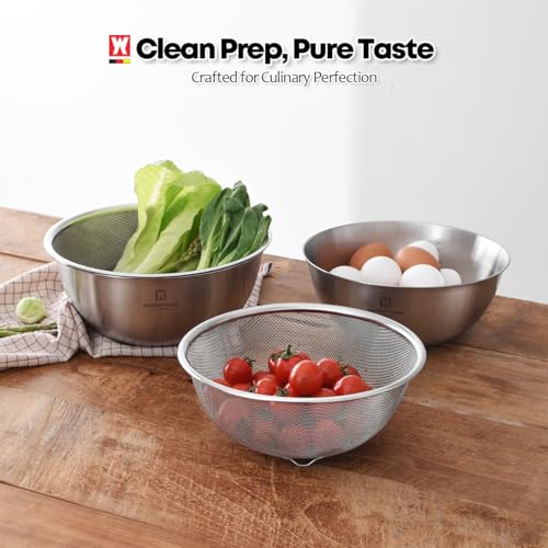 WAGENSTEIGER Stainless Steel Mixing Bowl and 3-Legged Colander Set, Multipurpose Kitchen Basket with Fine Mesh Colander, Salad Mixing Bowl with Strainer, Rinsing Vegetables & Fruits (22cm / 8.66") - size: 8.66 inches