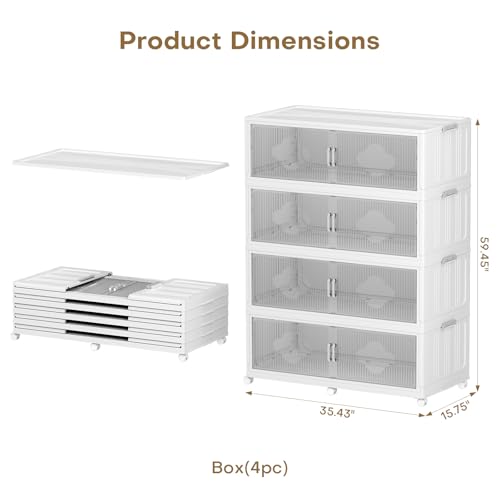 240Gal Extra Large Stackable Storage Bins with Lid (4‑Pack), 960QT Collapsible Organizer with Clear Magnetic Doors & Wheels, Plastic Cabinet for Bedroom, Garage, Dorm, Closet, Kitchen - size: 240QT-4Pack