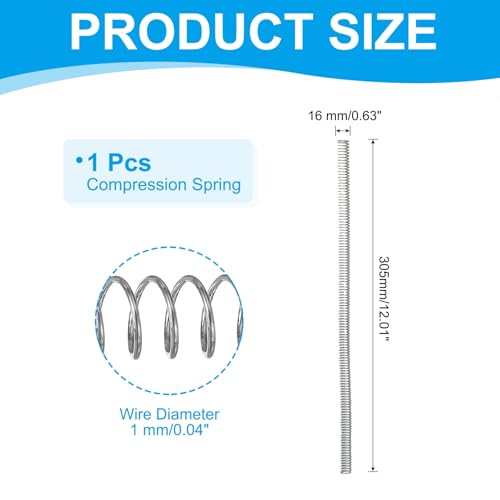 PATIKIL Compression Spring 1 mm Wire Dia x 16 mm OD x 305 mm L, 1 Pcs 304 Stainless Steel Mechanical Extension Small Springs Pen Springs Assortment Kit for Shop and Home Repairs - size: 16x1x305 mm