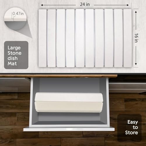 Large Stone Dish Drying Mat for Kitchen Counter, 24"(L)×16"(W), Collapsible Quick Drying Dish Mats, Ultra Absorbent Diatomaceous Earth Mats for Dishes Bottles Cups, Match Any Countertop - size: 24" x 16"