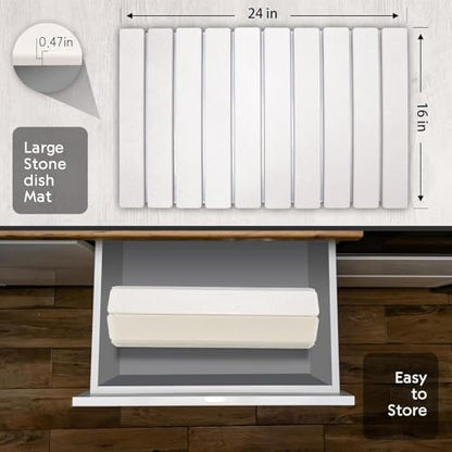 Large Stone Dish Drying Mat for Kitchen Counter, 24"(L)×16"(W), Collapsible Quick Drying Dish Mats, Ultra Absorbent Diatomaceous Earth Mats for Dishes Bottles Cups, Match Any Countertop - size: 24" x 16"