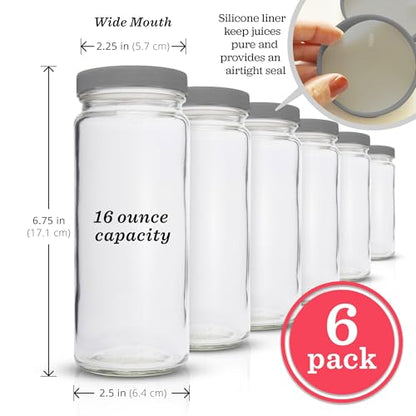 16oz Glass Juice Bottles with Lids - 6 Pack Wide Mouth Glass Water Bottles for Juices, Smoothies, Beverage Storage - Durable, Reusable, Dishwasher Safe, Glass Bottles for Juicing (Grey Caps) - color: 16oz Grey Caps
