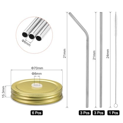 uxcell 13pcs Stainless Steel Mason Jar Lids with Straw Hole, 70mm Metal Canning Lid Mason Storage Covers Caps with Silicone Ring/Straws/Cleaning Brush Gold - color: Gold