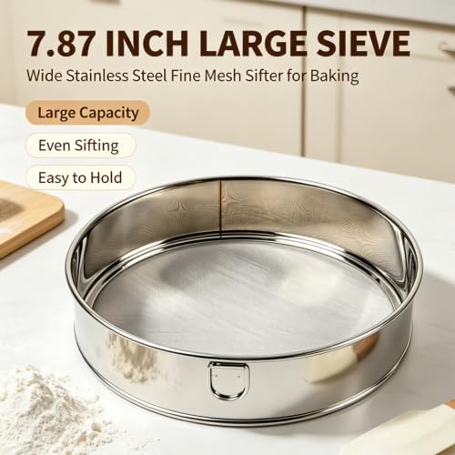 2 Pack Round Flour Sifter, 5.9 Inch & 7.87 Inch Size sieve fine mesh stainless steel, Practical sifter for baking Cake Bread Making