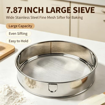 2 Pack Round Flour Sifter, 5.9 Inch & 7.87 Inch Size sieve fine mesh stainless steel, Practical sifter for baking Cake Bread Making