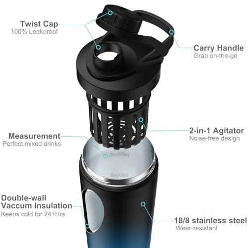 Stainless Steel Shaker Bottle with Noise-Free Design - Patented 24 oz Insulated Metal Shakers Bottles Cup for Protein Mixes and Pre Workout 100% Leak Proof (Dark Navy) - color: Dark Navy