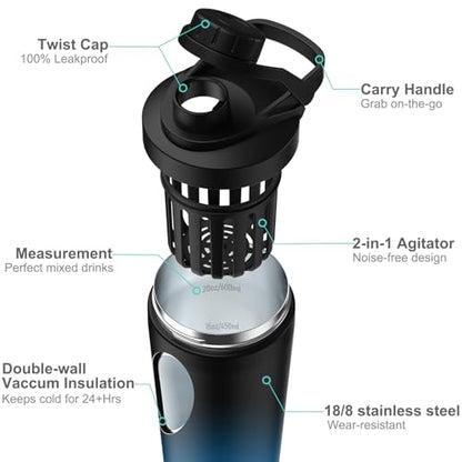 Stainless Steel Shaker Bottle with Noise-Free Design - Patented 24 oz Insulated Metal Shakers Bottles Cup for Protein Mixes and Pre Workout 100% Leak Proof (Dark Navy) - color: Dark Navy