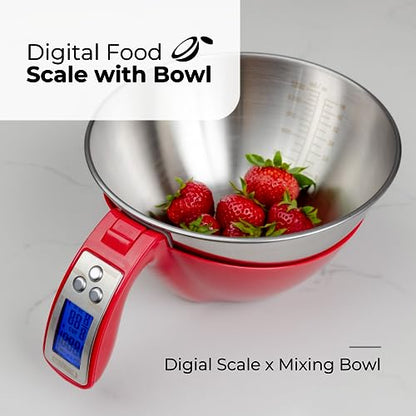 Fradel Digital Kitchen Food Scale with Bowl - 11lb, Grams & Ounces - Removable, Dishwasher-Safe Mixing Bowl - Red - color: Red