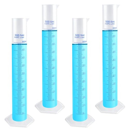 4팩 500ml 플라스틱 눈금 실린더, 붓는 가 있는 투명 측정 실린더 세트, 과학 프로젝트, 실험실 용품용 양면 제작 플라스틱 실험실 테스트 튜브
