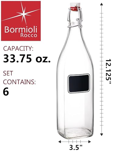 Bormioli Rocco Swing Chalkboard 33.75 oz. Square Swing-Top Bottle with Airtight Seal and Metal Clamp for Drinks, Juices, Wine, or Dressings, Set of 6 - size: 6 Count