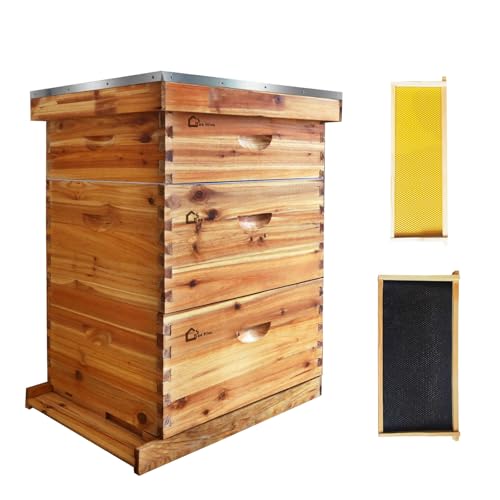10-Frame Complete Bee Hives and Supplies Starter Kit Dipped in 100% Beeswax, Includes 2 Deep Hive Bee Box and 1 Bee Hive Super with Beehive Frames and Foundation for Beginner Beekeepers