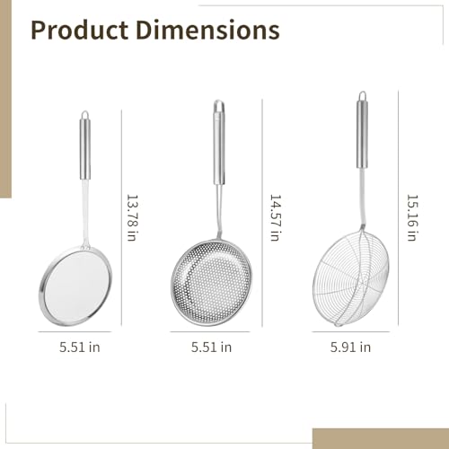 3 PCS Stainless Steel Spider Strainer Set, Long Handle Wire Skimmer Spoon and Fine Mesh Sieves, 304 Steel Kitchen Oil Frying Scoop, Noodle Pasta Strainer for Cooking, Hanging Loop