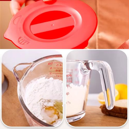 Glass Measuring Cups with Lids Set, Borosilicate Glass V-Shaped Spout Microwave Safe Scales Milk Cup for Cooking Baking (Red, 2CUP) - color: Red