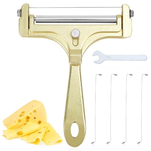 Gosknor 6pcs Cheese Slicer Kit, Stainless Steel Wire Cheese Cutter with 4 Extra Wires & Wrench Slicer Handheld Butter Cutter Food for Block Butter (Frosted Gold) - color: Frosted Gold